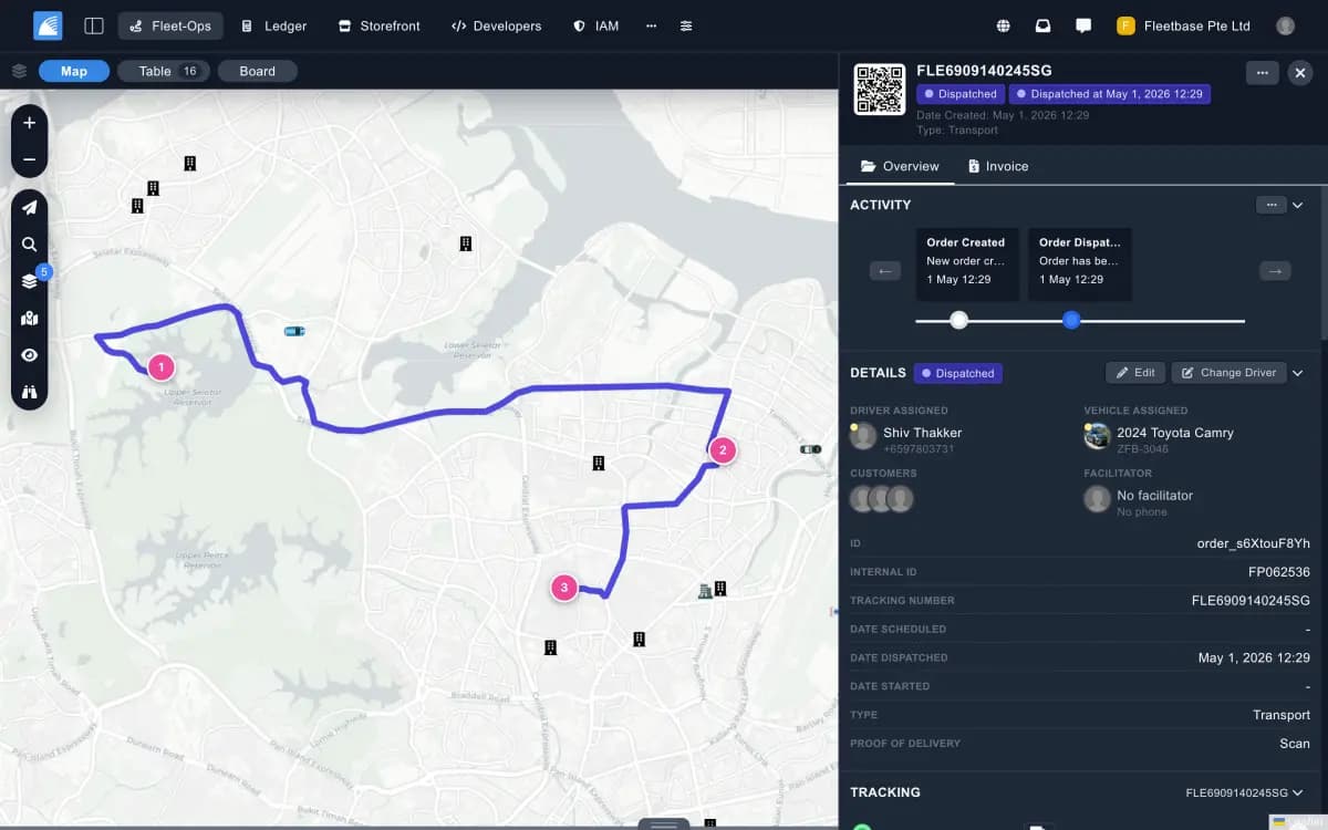 Console QTA Fleet, création d’un ordre de livraison multi-étapes avec carte et itinéraire