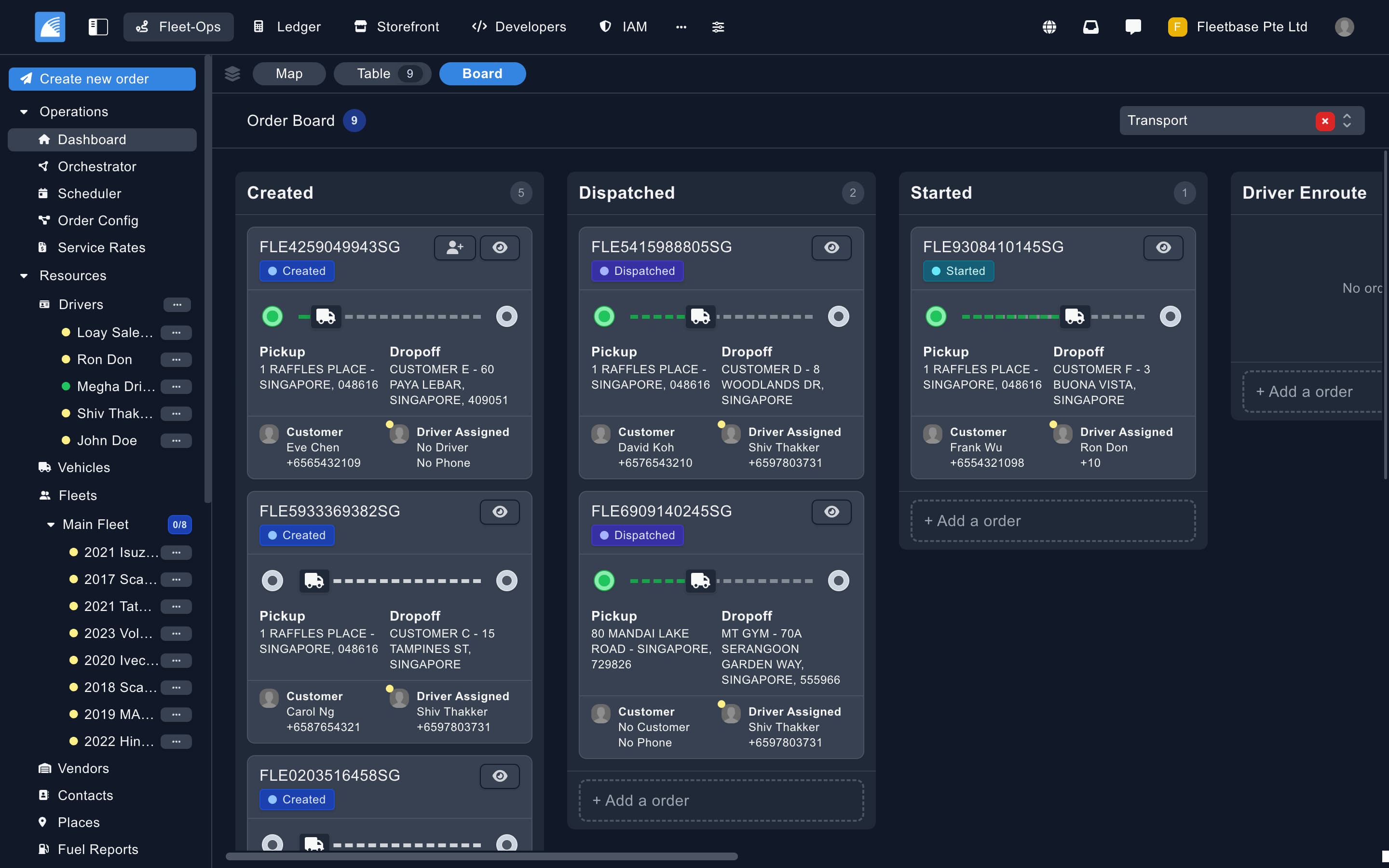 Vue kanban des ordres de transport Fleet-Ops, colonnes par statut